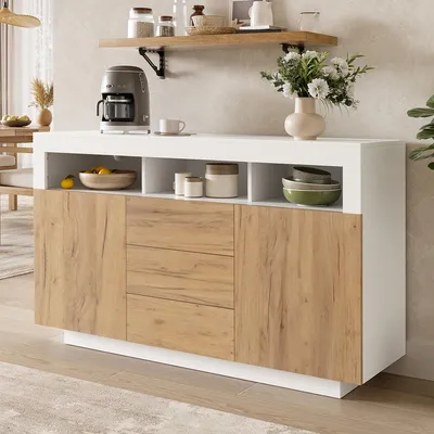 Produktbild von Flieks Sideboard mit 3 Schubladen und 2 Türen, Aufbewahrungsschrank, kommode 140x40x85cm, Naturholzoptik+Weiß