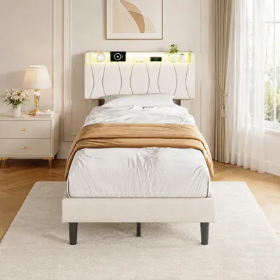 Immagine prodotto di Letto imbottito INONEFT, 90x200 cm, con illuminazione LED, prese USB di tipo C e prese USB, letti singoli con spazio contenitivo nella testiera, letto per ragazzi con rete a doghe, color beige, Immagine generata dall'IA