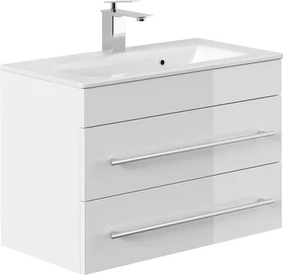 Produktbild von Waschtisch 70 cm weiß Hochglanz mit Keramik Waschbecken, schmale Ausführung PALMIRA-02