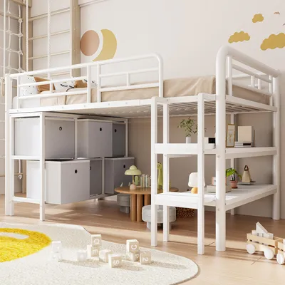 Produktbild von Flieks Etagenbett 90x200cm mit Schubladen und Regal, Kinderbett Einzelbett mit Rausfallschutz, Hochbett Metallbett mit Lattenrost, Weiß