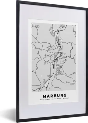 Produktbild von MuchoWow® Gerahmtes Poster Stadtplan - Karte - Marburg - Deutschland 40x60 cm - Poster mit Schwarzem Bilderrahmen Wandposter Rahmen Foto Bilder - Poster in Rahmen