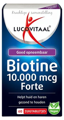 Productafbeelding van Lucovitaal Biotine 10.000 mcg Forte, 60 Zuigtabletten, Voedingssupplement voor Volwassenen, Voor Huid, Haar en Zenuwstelsel