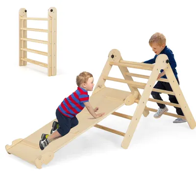 Produktbild von GOPLUS Kletterdreieck mit Rutsche, Klettergerüst Indoor, Sprossendreieck aus Holz mit Dreiecksleiter & Kletterrampe, Montessori Spielzeug zum Rutschen und Klettern, für Kinder ab 3 Jahren (Natur)