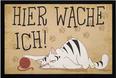 Produktbild von Fußmatte Katze mit Spruch Hier wache ich Pfoten-Abdrücke rutschfest & waschbar Moonworks® schwarz 60x40cm