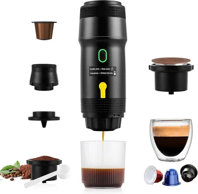 A collage of a portable espresso machine with its accessories and a cup of coffee.