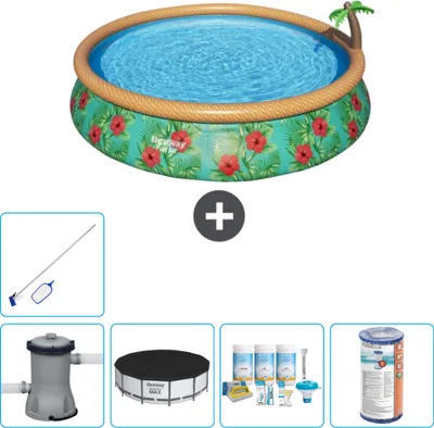 Immagine prodotto di Piscina gonfiabile rotonda Bestway ad ambientazione rapida - Paradise Print - 457 x 84 cm - inclusa copertura della pompa - pacchetto di manutenzione - filtro - kit di pulizia