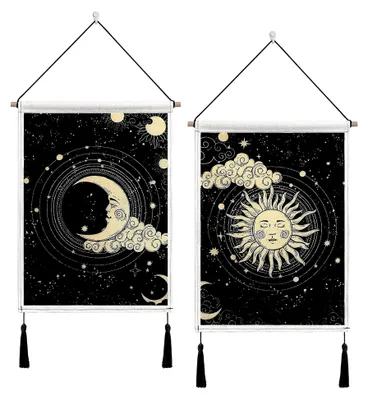 Produktbild von 2 Stück Wandteppich Mond und Sonne mit Quasten, Schwarz, Bohemian, Wandkunst Nachbildung für Schlafzimmer und Wohnzimmer