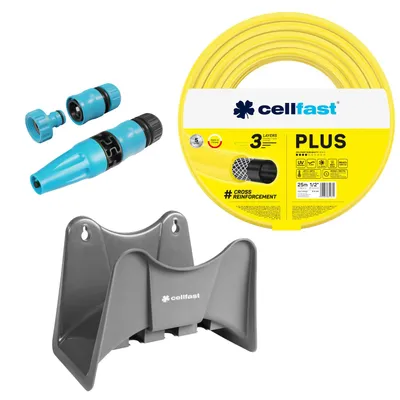 Produktbild von Cellfast Plus Gartenschlauch 1/2" 25 m + Cellfast Schlauchhalter (grau) + Set mit Cellfast Basic Geradstrahl-Sprinkler 1/2"
