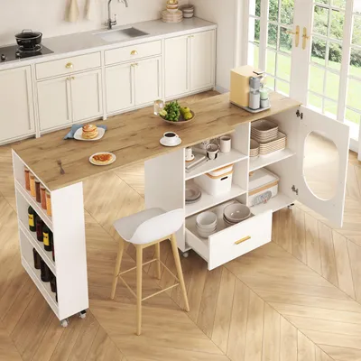 Produktbild von Rollbare Kücheninsel 120-180x60x90, 360° drehbare Platte, Bartisch, Stauraum, Schublade, Riffelglastür