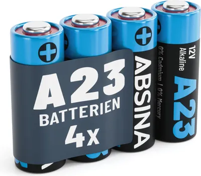 Four A23 batteries are packaged together with a dark blue sleeve.