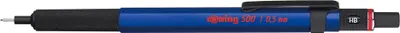 A close-up shot of a blue rotring mechanical pencil.
