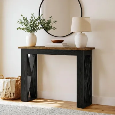 Obrázok produktu pre Konferenčný stolík – Úzky stolík do obývačky alebo predsiene – Drevo, X-tvaré nohy, rustikálny štýl, 105x30x85 cm, obdĺžnikový tvar – Rustikálna hnedá farba