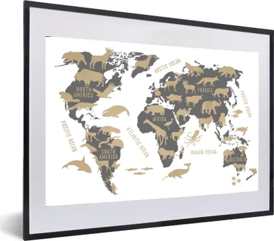 Produktbild von MuchoWow® MuchoWow® Gerahmtes Poster Weltkarte - Grau - Tiere 60x40 cm - Poster mit zchwarzem Bilderrahmen - Schlafzimmer - Plakat in Rahmen - Drucken