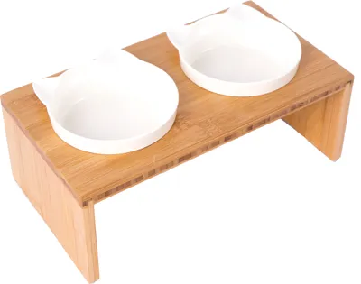 Produktbild von Dehner Doppel-Katzennapf, ca. 27 x 15 x 9 cm, je 175 ml, Bambus/Melamin, weiß