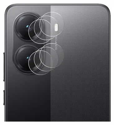 Close-up of a smartphone camera lens with protective films.