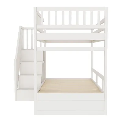 Produktbild von Merax Etagenbett 90x200 cm mit Treppe, Kinderbett für 2 Kinder mit Stauraum, Schubladen und Hohem Geländer, Jungenbett aus Massivholz, Weiß