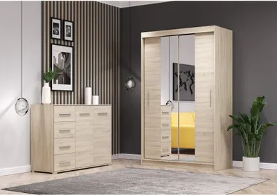 Image de lot de 2 armoires à portes coulissantes Armoire avec miroir Sonoma/Sonoma 120cm NEOMI 01 avec commode 135cm FRIDA 01