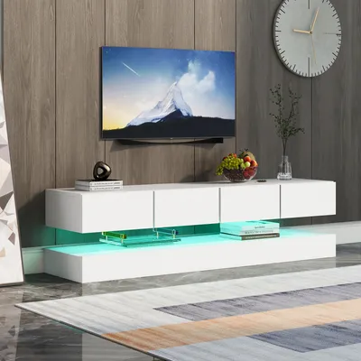 Produktbild von MODFU TV-Lowboard Weiß hochglanz TV-Schränke mit 16-farbiger LED-Beleuchtung,Fernsehtisch für Fernseher bis 55 Zoll, Fernsehbank,MDF,130×33×15 cm