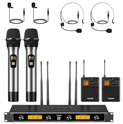 Image de Ensemble de microphones - UHF sans fil - 4 canaux - Microphones main, casque et cravate - Portée de 90 mètres - Noir
