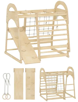 Image de Structure d'escalade intérieure en bois 6 en 1 avec toboggan, pour enfants de 3 à 6 ans | Couleur : marron