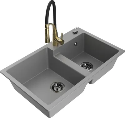 Produktbild von Mexen Tomas 2-Becken-Granitspüle mit Mischbatterie Aster, Grau - 6516-71-73450-57-B