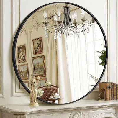 Productafbeelding van Ronde wandspiegel, zwart, 66 cm, aluminiumlegering, geschikt voor badkamer, woonkamer of hal