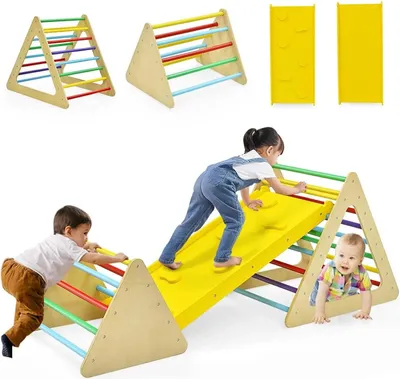 Immagine prodotto di Struttura per arrampicata per bambini - 3 in 1 triangolo, scala e scivolo - Rampa su entrambi i lati - Legno - Per interni - Colorata