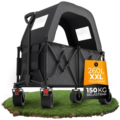 Produktbild von BigDean XXL Bollerwagen faltbar mit Dach 260L 150kg belastbar robuster Bollerwagen faltbar extra breite Reifen für jedes Gelände