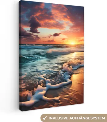 Produktbild von MuchoWow® - Leinwandbilder - Sonnenuntergang - Strand - Meer - Golfen, Wandbild, Wanddeko Bilder Wohnzimmer, 80x120 cm