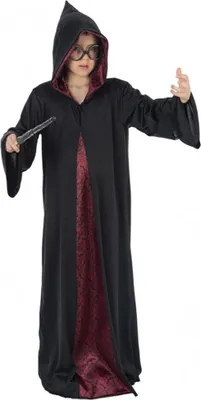 A child wearing a wizard costume, holding a wand and casting a spell.