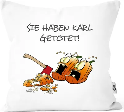 Produktbild von Kissen-Bezug Motiv Spruch lustig Kürbis Sie haben Karl getötet! Kissen-Hülle Deko-Kissen Baumwolle MoonWorks® weiß unisize