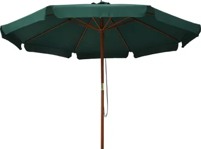 A green patio umbrella with a wooden pole against a white background.