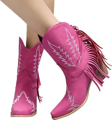 Produktbild von ASKSA Damen Quaste Bestickte Cowboystiefel Retro Blockabsatz Westernreitstiefel, Rosa, Größe: 39