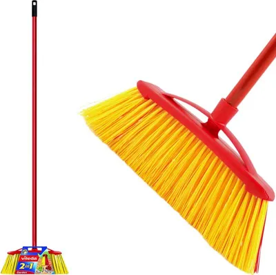 A Vileda broom with red handle and yellow bristles, shown in two views.