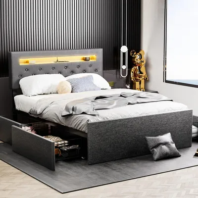 Immagine prodotto di Letto 140x200 cm - Letto matrimoniale - Letto con rete a molle - Letto con illuminazione a LED - Letto contenitore - Testiera imbottita