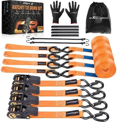 Imagen del producto de Correa de señalización de 4,5 metros, 25 mm de ancho, conforme a la norma EN 12195-2, de color naranja, con clavija, bolsa de almacenamiento adicional y 2 rodamientos.
