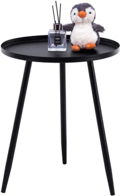 Image de Table d'appoint métallique ronde Unyqoos®, noire – design moderne à trois pieds, compacte, résistante à la corrosion, surface ronde sans bords, capacité de charge jusqu'à 20 kg