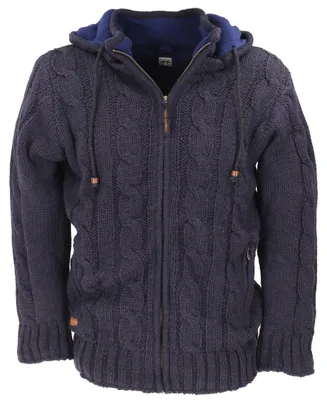 Produktbild von Uni Strickjacke, Wolljacke mit Aufwendigem Zopfmuster, Nepaljacke mit Fleecefutter - Dunkelblau, Herren, Wolle, Größe: L