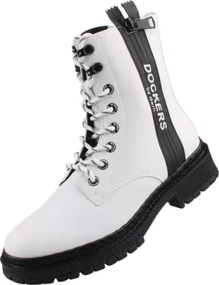 Auf dem Bild ist ein weißer Stiefel zu sehen der von der Seite betrachtet wird. Der Stiefel hat eine glatte Oberfläche und zeigt eine markante Sohle.