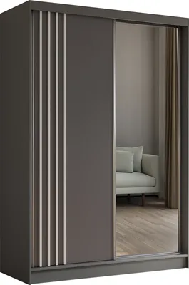 Produktbild von 150 cm Kleiderschrank Neli mit Lamellen und Spiegel inklusive 2 Schiebetüren Schwebetürenschrank (Farbe: grau, grau, Lamelle weiß)