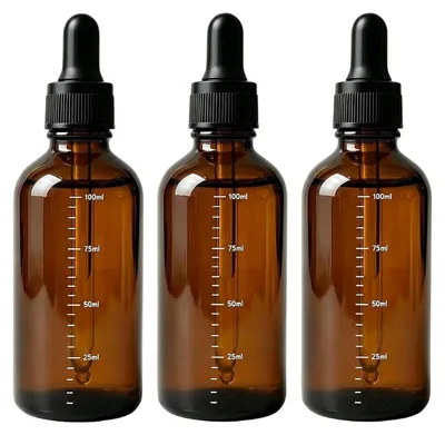 3 leere Glasfläschchen mit Pipette, bernsteinfarben, 100 ml