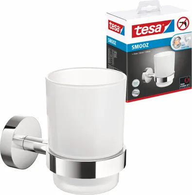 Produktbild von tesa SMOOZ Zahnputzbecher, Becher - satiniertes Glas, verchromte Wandhalterung