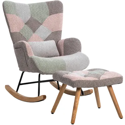 Produktbild von Bunter Schaukelstuhl mit Fußhocker und abnehmbarem Lendenkissen, Ergonomischer Stillstuhl, Weicher Handtuchflanellbezug für Entspannung