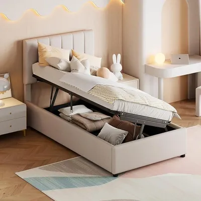 Productafbeelding van Kinderbed, bekleed, 90 x 200 cm, bed met hydraulische bediening, 90 x 200 cm, met verstelbaar hoofdeinde, bekleed meisjesbed met opbergruimte, met opbergruimte en lattenbodem, bed voor kinderen, prinsessenbed