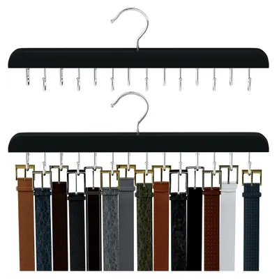 Produktbild von Gürtelaufhänger für Schrank, max. 42 Gürtel, Gürtel-Organizer, Schrankzubehör mit 14 Haken, Gürtelablage, stabiles Holz, für Schrank-Organizer und Aufbewahrung