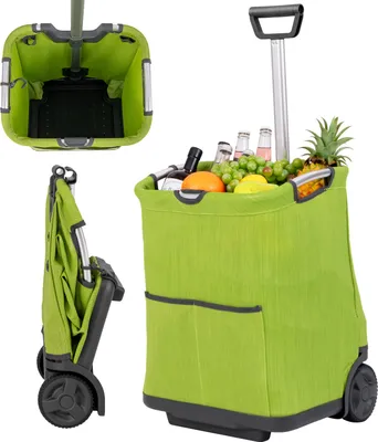 A collage of images showing a green shopping trolley from different angles, including a folded view and a filled view with groceries.