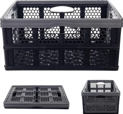 Three views of a foldable storage crate: one fully assembled and upright, one folded flat, and one assembled and viewed from the side.