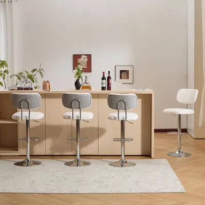 Immagine prodotto di Set di 4 sgabelli da bar, regolabili in altezza, girevoli, rivestiti in tessuto bouclé, con schienale, colore grigio