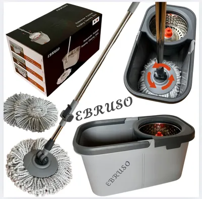 A collage of images showing a spin mop and bucket set, its packaging, and spare mop heads.