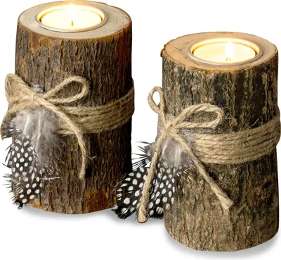 Produktbild von 2er Set Teelichthalter Holz je 12cm hoch Kerzenhalter Federn Kerzenständer